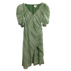 Cinq à Sept Midi Dress Women's Green Plaid Gia Puff Sleeve Faux Wrap Size 14